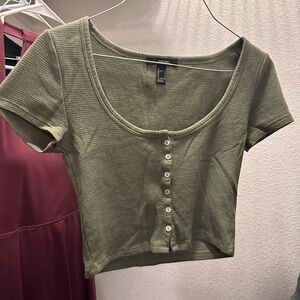 Forever 21 Green Buttoned Crop T-Shirt